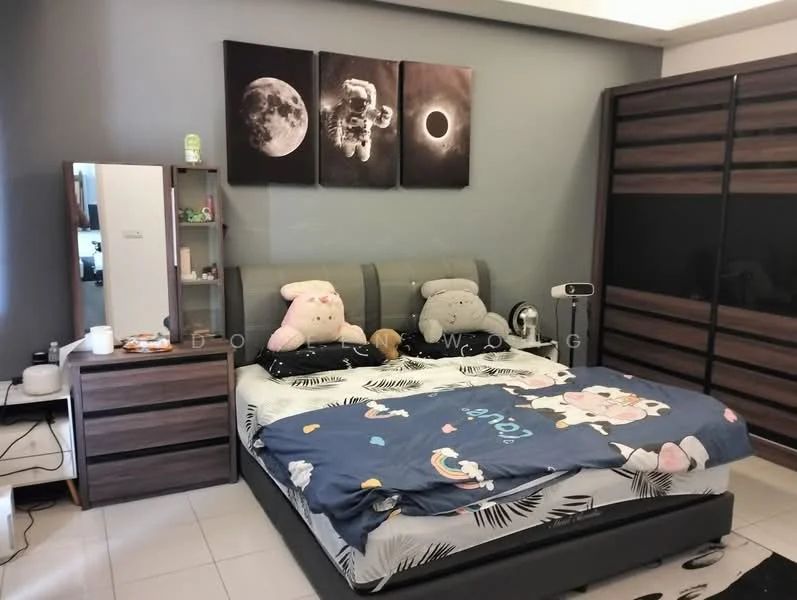 Bedroom features: king-size bed with upholstered headboard, decorative bedding with cartoon patterns, 2 plush toys on bed, wooden bedside table, mirror with wooden frame, built-in wardrobe with sliding doors, white tiled flooring, wall-mounted lamp, framed artwork on wall, grey painted walls, ceiling with recessed lighting; style: modern.