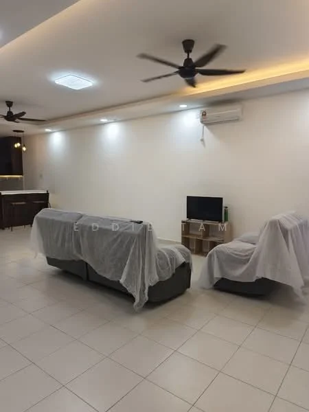 Living features: 2-seater fabric sofa in grey with covers, 3-seater fabric sofa in grey with covers, wall-mounted TV, ceiling fan, recessed downlights, white painted walls, tile flooring, air conditioning unit; style: modern.