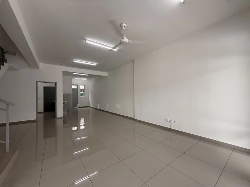 Living features: white painted walls, glossy ceramic tile flooring, ceiling fan, recessed LED downlights, large windows, open layout, neutral color scheme, no visible furniture; style: modern. Kitchen features: open kitchen layout, grey cabinetry, stainless-steel sink, wall-mounted cabinets, countertop space, no visible appliances; style: modern.