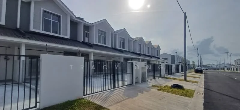 Exterior type: linked terrace house; features: grey painted facade, gated entrance, manicured lawn, paved walkway, multiple storeys, flat roof, driveway, fence, street view, adjacent to road; style: modern.