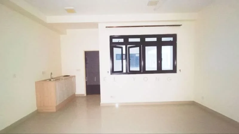 Room features: light beige painted walls, light grey floor tiles, kitchenette with wooden cabinetry, single-bowl stainless-steel sink, countertop with wood finish, three black-framed windows, no visible appliances, recessed ceiling lights; style: modern.