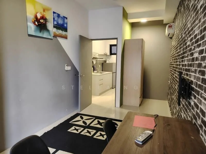 Room features: grey accent wall, exposed brick wall, white painted walls, glossy tile flooring, dining table, black dining chairs, framed artwork, recessed lighting, kitchen area visible, wooden cabinet, doorway to kitchen, black area rug with geometric pattern; style: modern.