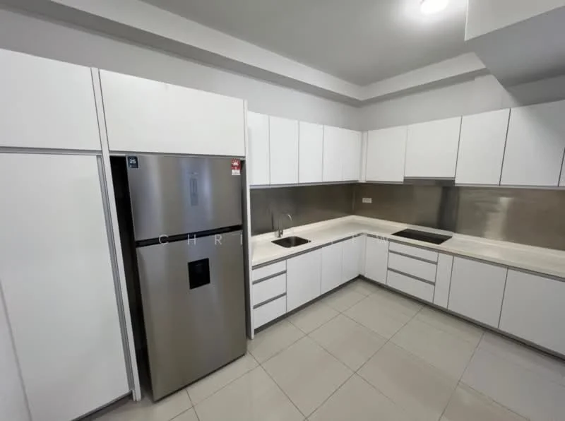 Kitchen features: stainless-steel fridge, white flat-panel cabinets, stainless-steel backsplash, white countertop, built-in oven, 4-burner gas hob, single-bowl stainless-steel sink, chrome pull-down faucet, tile flooring, recessed downlights, wall-mounted cabinets, open shelving; style: modern.