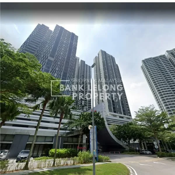 Exterior type: high-rise condominium; features: glass curtain wall, vertical fins, manicured landscaping, palm trees, driveway with interlocking pavers, surrounded by mature greenery; style: modern.