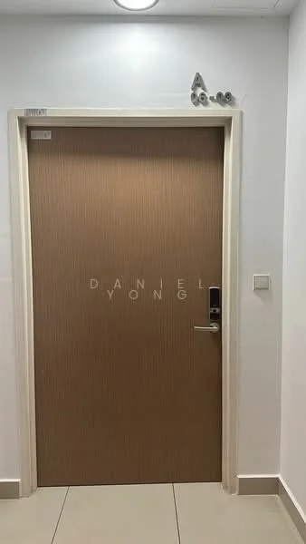 Room features: wooden door with vertical grooves, metal door handle, digital lock, white painted walls, light-colored floor tiles, ceiling light fixture; style: modern.