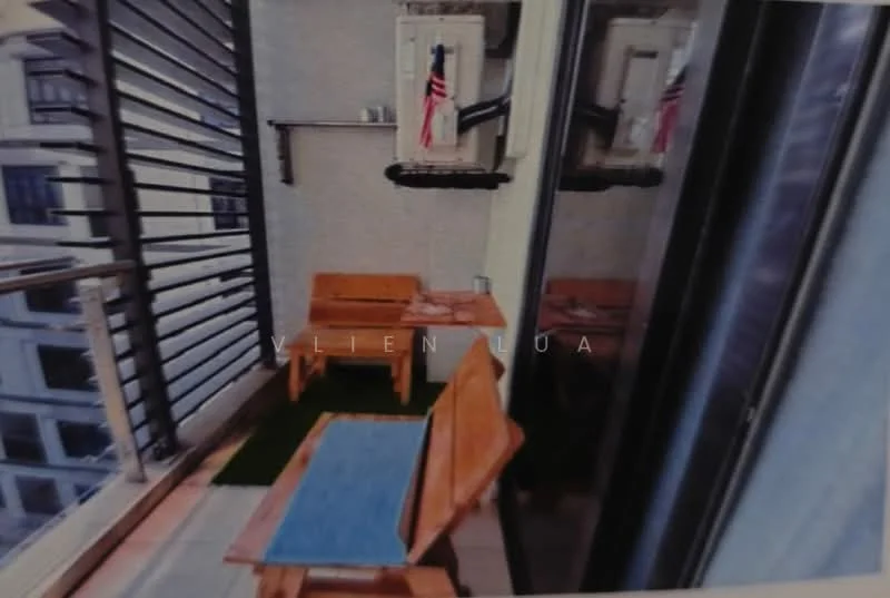 Balcony features: wooden bench seating, small wooden table, green grass mat, glass railing, city view, decorative wall with flags, sliding glass door, horizontal slats for privacy; style: modern; view: city.