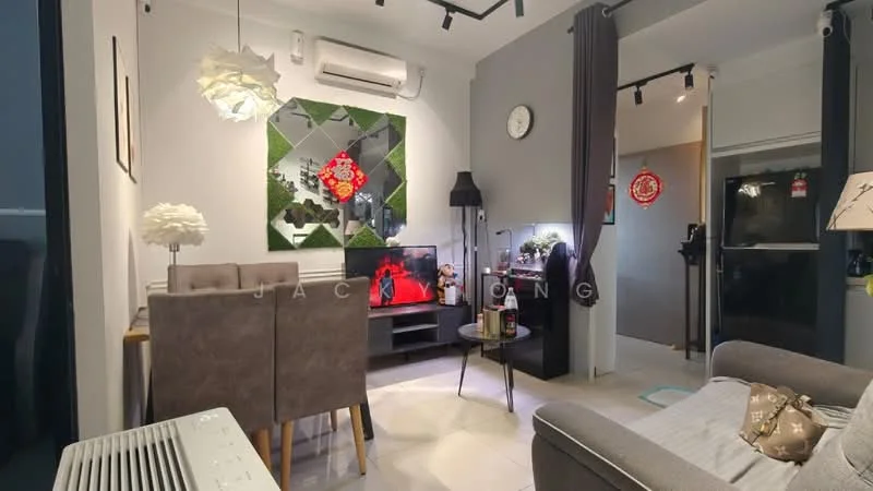 Living features: grey fabric sofa, coffee table, wall-mounted TV, decorative wall mirror, air conditioning unit, recessed lighting, wall clock, decorative artwork, floor tiles, curtains, shelf with decorative items; style: modern.