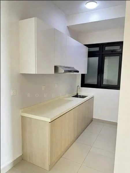 Kitchen features: white upper cabinets, light wood lower cabinets, solid surface countertop, single-bowl stainless-steel sink, chrome pull-down faucet, built-in range hood, tile flooring, window with black frame, recessed ceiling light; style: modern.