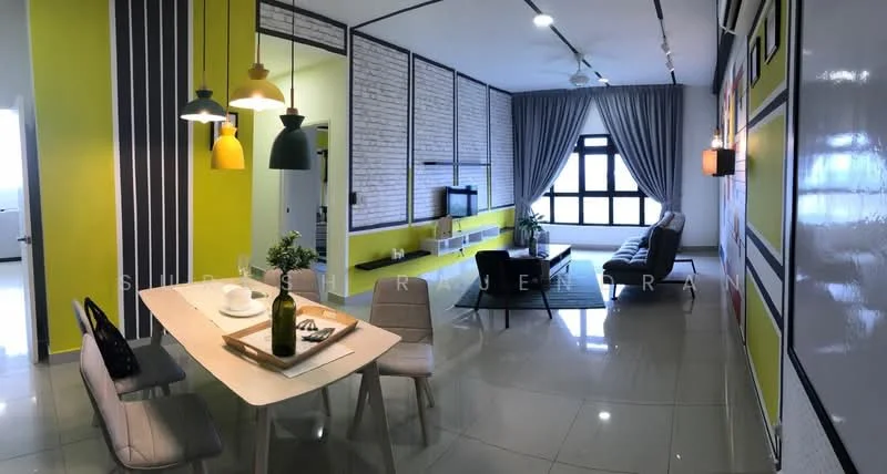 Living features: grey fabric sofa, coffee table, TV console, wall-mounted TV, area rug, floor-to-ceiling windows, curtains, decorative wall with colorful panels, exposed brick wall, recessed downlights, ceiling lights with pendant fixtures, dining table with 4 chairs, green accent wall, polished tile flooring; style: modern.