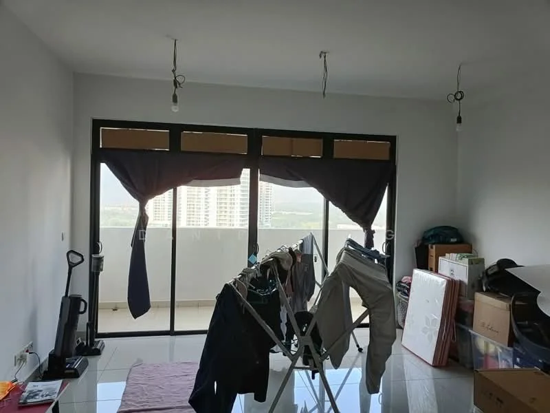 Room features: white painted walls, glossy tile flooring, floor-to-ceiling windows, curtains, clothes drying rack, vacuum cleaner, boxes, hanging light fixtures; style: modern; view: city.