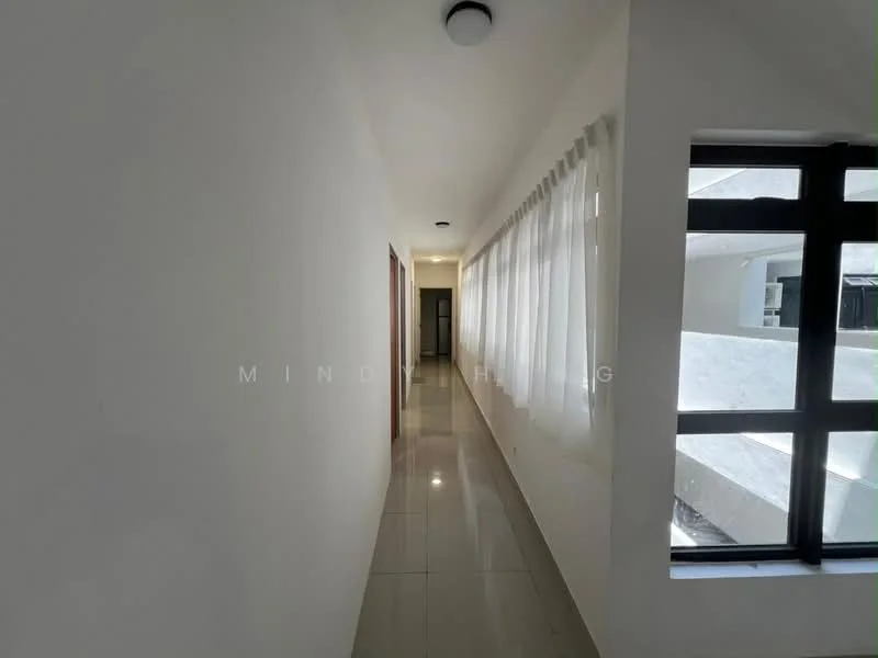 Room features: white painted walls, glossy tile flooring, large windows with sheer curtains, ceiling light fixture, neutral color scheme; style: modern.