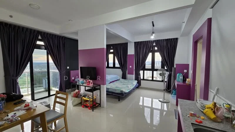 Living features: floor-to-ceiling windows, grey curtains, purple accent wall, white painted walls, glossy tile flooring, dining table with chairs, television on stand, bed with blue bedding, decorative items on table, kitchenette with countertop, sink, kitchen appliances, open layout; style: modern; view: city.