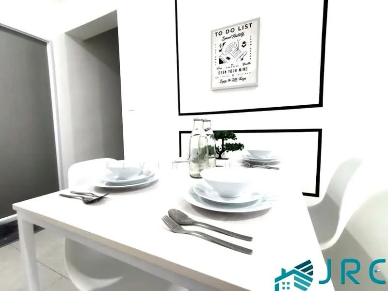 Dining features: white dining table, 4 white dining chairs, set of 4 white plates, set of 4 stainless-steel forks, set of 4 stainless-steel knives, set of 4 stainless-steel spoons, glass vase with greenery, framed wall art with text, white painted walls, grey tiled flooring; style: modern.