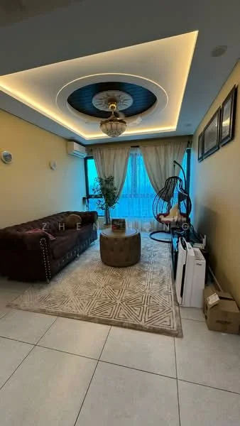 Living features: chocolate brown leather chesterfield sofa, round coffee table with geometric pattern, area rug with geometric pattern, floor-to-ceiling windows, sheer curtains, recessed LED downlights, chandelier, decorative ceiling with circular design, wall-mounted air conditioning unit, plant in decorative pot, TV console, freestanding decorative chair; style: modern; view: city.