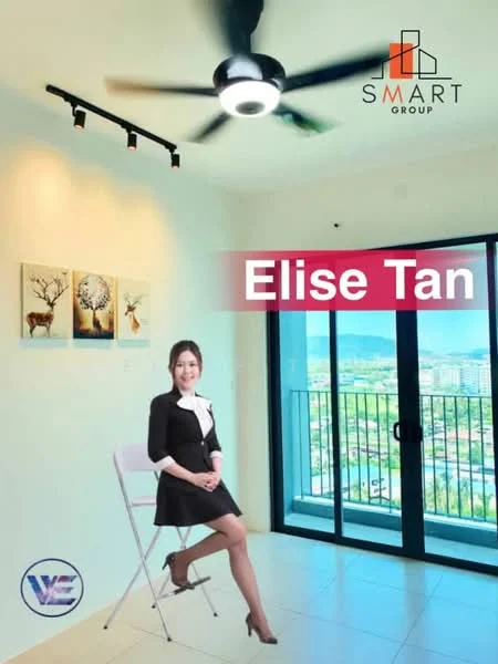 Room features: ceiling fan with integrated LED light, floor-to-ceiling sliding glass door, city view, light-colored tiled flooring, painted walls, decorative artwork on walls, natural light from windows; style: modern; view: city.