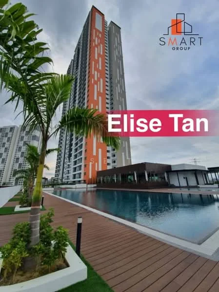 Exterior type: high-rise condominium; features: tall residential building, facade with orange and white accents, swimming pool deck, wooden decking, landscaped garden with palm trees, outdoor seating area, infinity pool, surrounding greenery; style: modern.