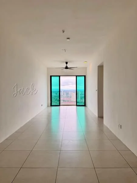 Living features: white painted walls, tile flooring, 5-blade ceiling fan, floor-to-ceiling windows, sliding glass door, balcony access, natural light, open layout; style: modern; view: city.
