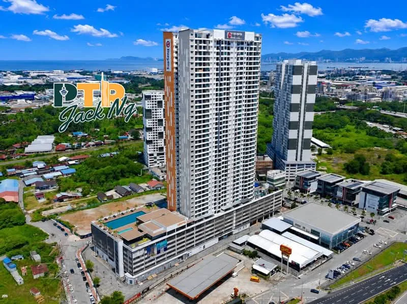 Exterior type: high-rise condominium; features: glass curtain wall, white painted facade, recessed balconies, multiple storeys, surrounded by greenery, adjacent to commercial area, parking deck, urban context with city skyline in background; style: modern.
