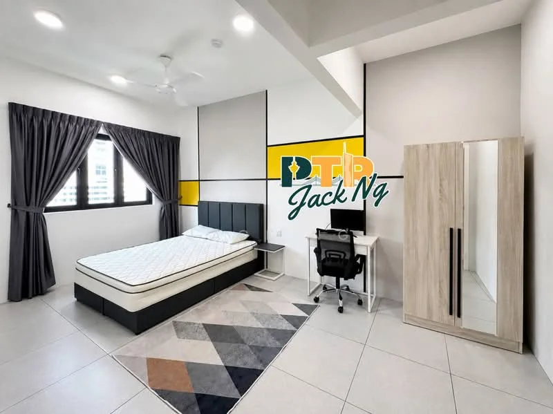 Bedroom features: queen-size bed, upholstered headboard, bedside table, desk with chair, wardrobe, floor-to-ceiling window, grey curtains, area rug with geometric pattern, white painted walls, ceiling fan, tile flooring; style: modern; view: city.