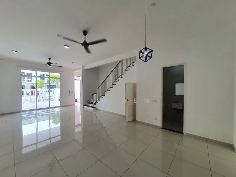 Living features: glossy porcelain tile flooring, white painted walls, 5-blade ceiling fan with light, recessed downlights, sliding glass door, floor-to-ceiling windows, open layout, staircase with metal railing, decorative pendant light, natural light from windows; style: modern; view: garden. Room features: white painted walls, glossy porcelain tile flooring, doorway leading to bathroom.