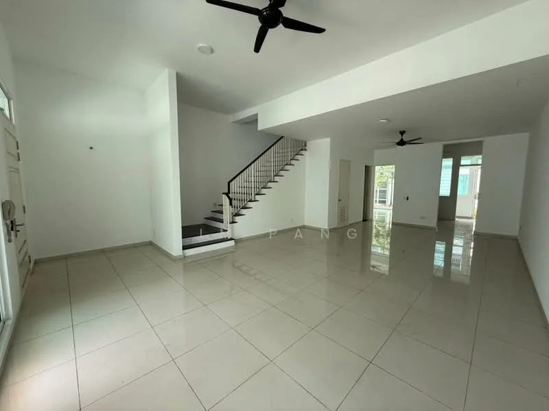 Living features: white painted walls, glossy ceramic tile flooring, 5-blade ceiling fan, sliding glass door, staircase with metal railing, large windows, natural light, open layout; style: modern.