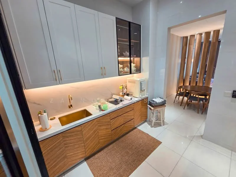 Kitchen features: golden-brown wooden cabinetry, white marble countertop, single-bowl stainless-steel sink, chrome pull-down faucet, built-in microwave, recessed LED downlights, white tiled backsplash, open shelving, kitchen island with seating, decorative plants, area rug, floor-to-ceiling windows, ceramic tile flooring; style: modern. Dining features: round dining table, wooden dining chairs; style: modern.