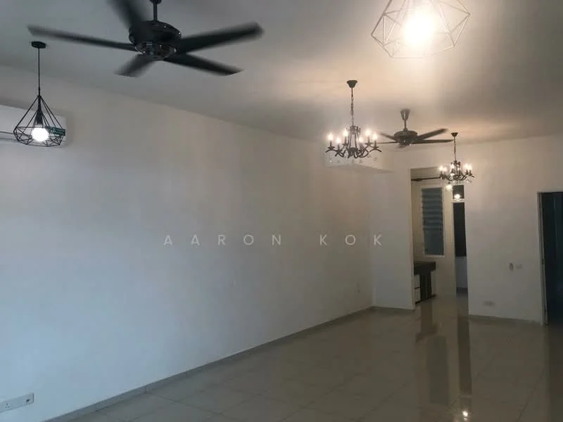 Living features: white painted walls, glossy tile flooring, 3-blade ceiling fan, 2 pendant lights with geometric design, recessed lighting, large windows, open layout, neutral color scheme; style: modern.