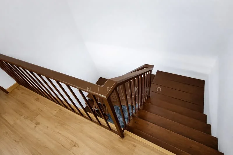 Room features: wooden staircase, brown wooden handrail, white painted walls, light wood flooring, stair treads with blue carpet, natural light from upper level; style: modern; view: staircase.
