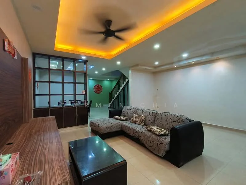 Living features: 3-seater fabric sofa with floral pattern, coffee table, wall-mounted TV, wooden TV console, recessed downlights, ceiling fan, tray ceiling with LED strip lighting, cream tiled flooring, decorative wall paneling, open layout to dining area, glass partition wall, staircase in background; style: modern.