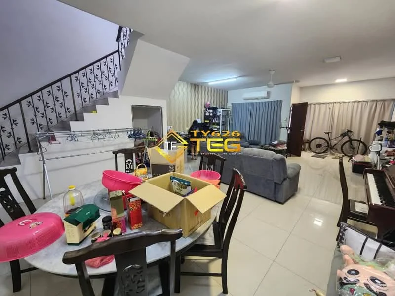 Living features: grey fabric sofa, dining table with chairs, white tiled flooring, recessed ceiling lights, curtains, wall-mounted air conditioning unit, decorative wall with vertical stripes, bicycle, piano, clothes drying rack, boxes and containers on the table; style: modern. Room features: staircase with decorative railing, open layout.