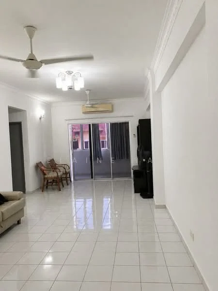 Living features: white painted walls, glossy white tile flooring, 5-blade ceiling fan with light, recessed downlights, sliding glass door, curtains, sofa, coffee table, wooden chairs, air conditioning unit; style: modern.