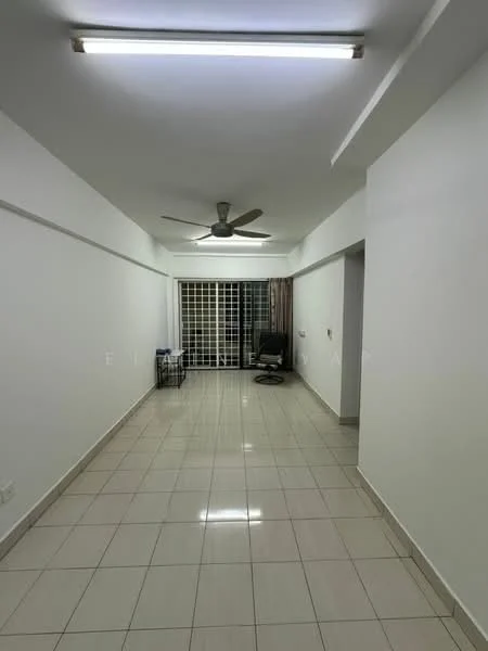 Living features: white painted walls, glossy ceramic tile flooring, 5-blade ceiling fan, large sliding glass door, curtains, wall-mounted light fixtures, open layout, natural light from windows; style: modern.
