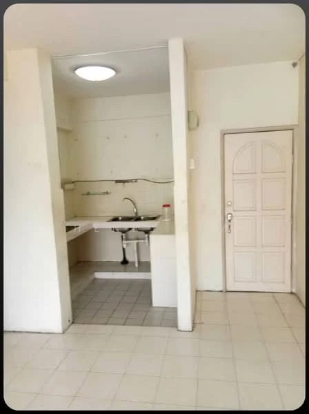 Kitchen features: white walls, tile flooring, single-bowl stainless-steel sink, chrome pull-down faucet, kitchen countertop, wall-mounted cabinets, open shelving, door leading to hallway, ceiling light fixture.
