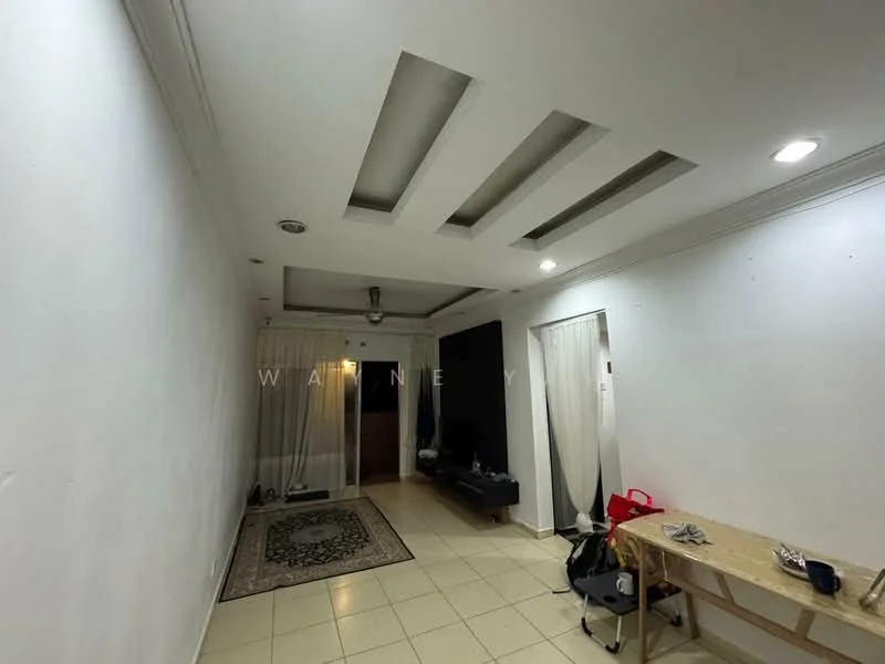 Living features: white painted walls, tile flooring, tray ceiling with recessed lighting, ceiling fan, floor-to-ceiling windows with sheer curtains, sliding glass door, area rug with geometric pattern, coffee table, sofa, decorative wall light; style: modern; view: garden.