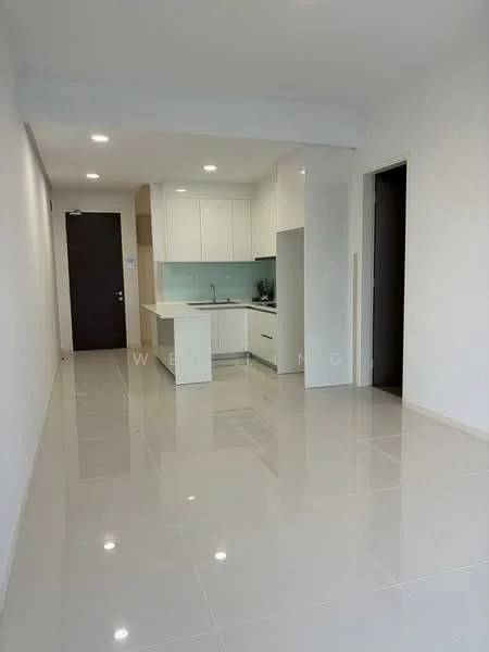 Kitchen features: white shaker cabinets, marble countertop, stainless-steel sink, chrome pull-down faucet, built-in oven, freestanding range oven, refrigerator, glass backsplash, tile flooring, recessed downlights; style: modern. Living features: white painted walls, tile flooring, recessed downlights, open layout, large space; style: modern.