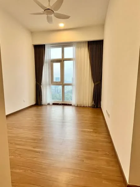 Room features: wooden flooring, white painted walls, floor-to-ceiling windows, sheer curtains, dark brown curtains, ceiling fan, recessed downlights; style: modern; view: city.