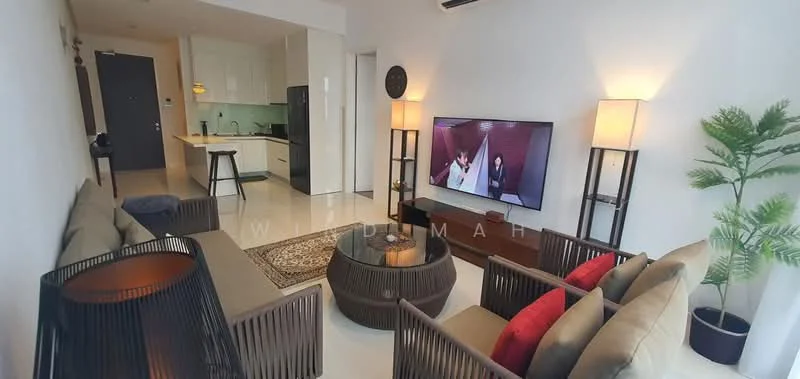 Living features: 3-seater fabric sofa in grey, 2-seater fabric sofa with armrests, coffee table with round design, area rug with geometric pattern, wall-mounted TV, TV console, floor lamp, decorative plant in ceramic pot, recessed downlights, white painted walls, glossy tile flooring, open layout to kitchen; style: modern. Kitchen features: white cabinetry, light green backsplash, stainless-steel sink, built-in oven, freestanding range oven, refrigerator, countertop with bar seating, ceramic tile flooring; style: modern.