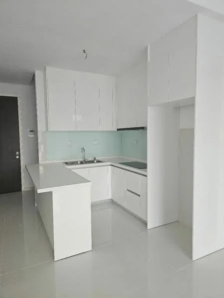 Kitchen features: white cabinetry, light blue backsplash, white countertop, stainless-steel sink, built-in stove, open layout, wall-mounted cabinets, tile flooring, recessed lighting; style: modern.
