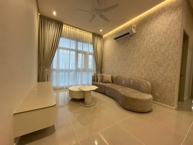 Living features: curved beige fabric sofa, white coffee table, wall-mounted split AC, recessed LED downlights, cream painted walls, floor-to-ceiling windows with sheer curtains, glossy tile flooring, decorative wall with textured finish; style: modern.