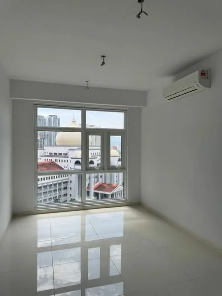 Room features: white painted walls, glossy tile flooring, floor-to-ceiling windows, city view, 1 wall-mounted split AC, recessed ceiling lights; style: modern; view: city.