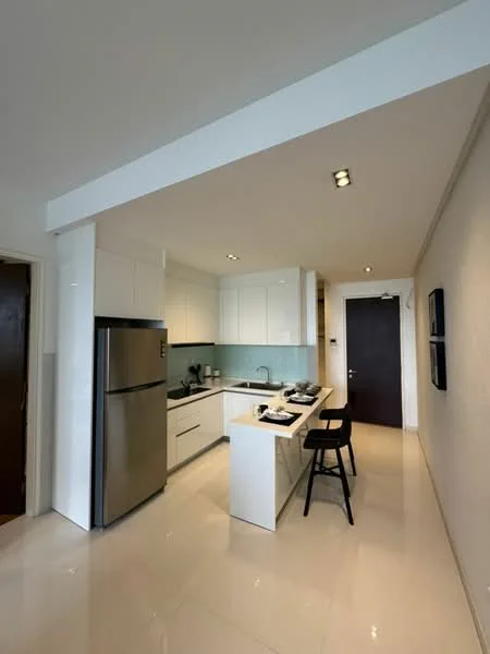 Kitchen features: stainless-steel fridge, white cabinetry, light blue backsplash, quartz countertop, single-bowl stainless-steel sink, chrome pull-down faucet, built-in oven, 4-burner gas hob, pendant lighting, bar stool seating, tile flooring, recessed downlights, open shelving; style: modern.