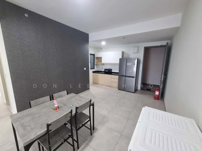 Kitchen features: grey accent wall, light-colored cabinetry, black countertop, stainless-steel fridge, built-in oven, freestanding range oven, ceramic tile flooring, dining table with 4 chairs, fire extinguisher, open layout, wall-mounted microwave; style: modern.