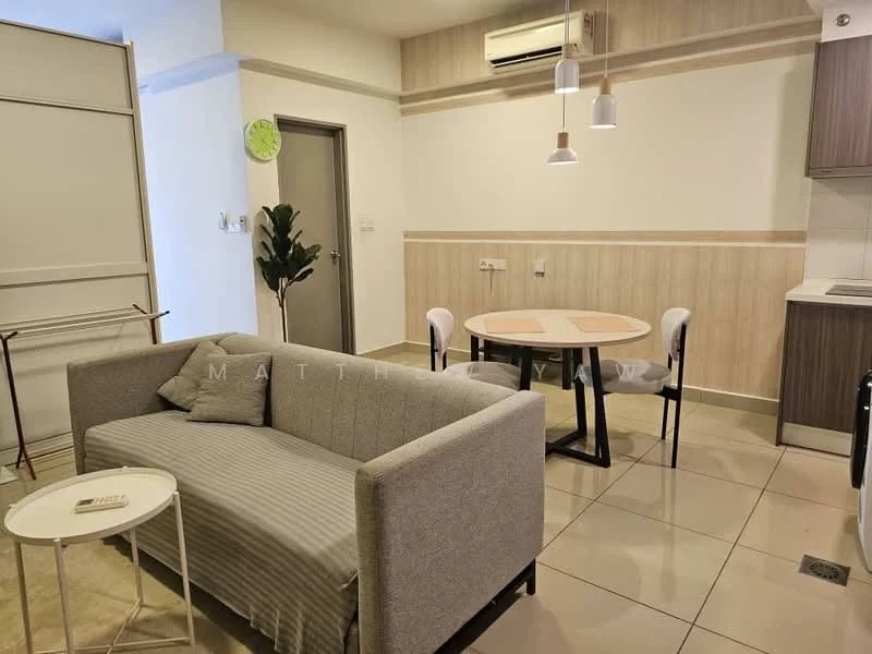 Living features: 3-seater fabric sofa in grey, round dining table, 4 upholstered dining chairs, wall-mounted split AC, light wood cabinetry, cream painted walls, tile flooring, pendant lighting, decorative wall clock, indoor plant in pot; style: modern.