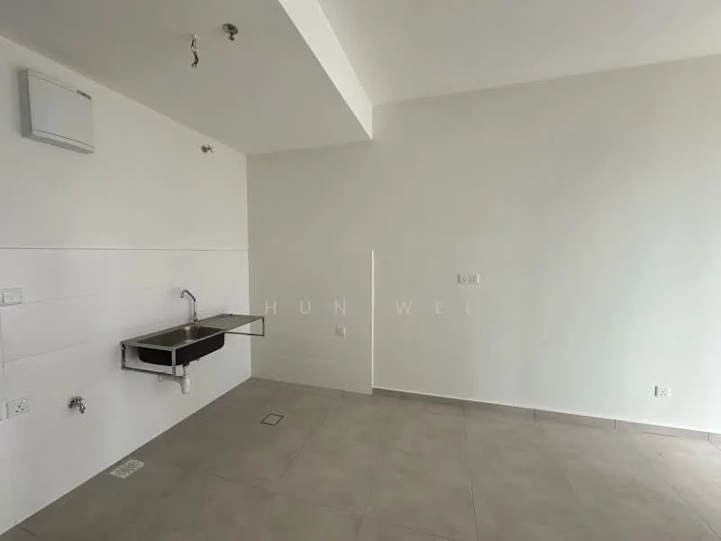Room features: white painted walls, grey tiled flooring, single-bowl stainless-steel sink, chrome pull-down faucet, wall-mounted air conditioning unit, electrical outlets, floor drain, no visible cabinetry; style: minimalist.