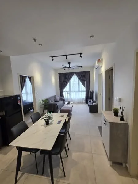 Living features: grey fabric sofa, coffee table, wall-mounted TV, black refrigerator, dining table with 6 black chairs, recessed downlights, curtains, air conditioning unit, light-colored tiled flooring, decorative plant, sideboard, track lighting; style: modern.