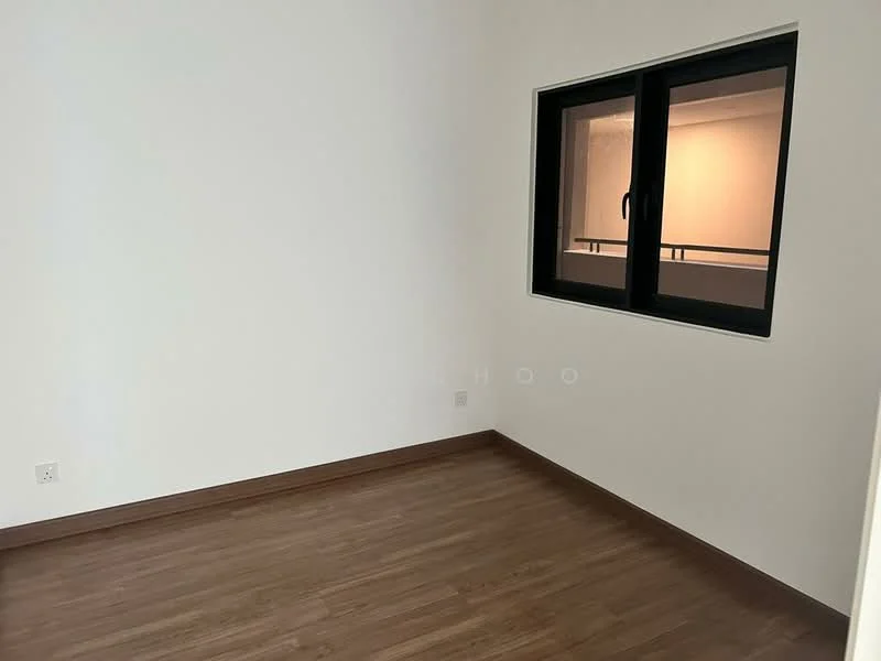 Room features: white painted walls, wooden flooring, black framed window, natural light from window.
