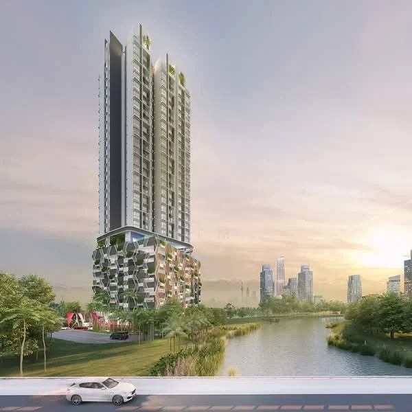 Exterior type: high-rise condominium; features: glass curtain wall, greenery on balconies, sculptural facade, surrounded by water, landscaped garden, parking area, urban skyline in background, modern architectural design; style: contemporary.