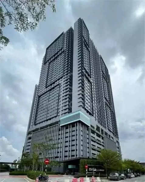 Exterior type: high-rise condominium; features: glass curtain wall, dark grey facade, recessed balconies, vertical fins, feature lighting at night, approximately 30-storey high-rise, manicured landscaping, surrounded by mature greenery; style: modern.