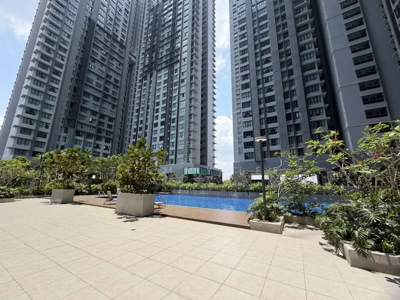 Exterior type: high-rise condominium; features: infinity pool, pool deck with loungers, landscaped garden with plants, tiled flooring, surrounded by high-rise buildings, outdoor lighting, manicured greenery; style: modern.