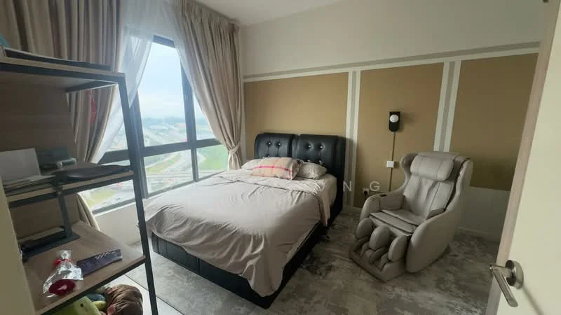 Bedroom features: king-size bed with upholstered headboard, bedside lamp, large window with city view, cream painted walls, grey carpet flooring, recliner chair, decorative throw pillows, built-in wardrobe, shelving unit; style: modern; view: city.